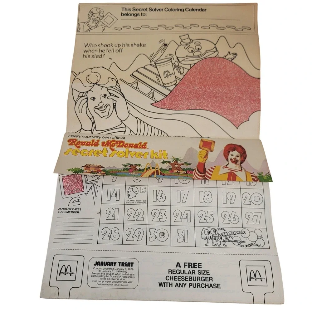 1979 Ronald McDonald Secret Solver‎ Coloring Calendar Kit Certificate of Merit